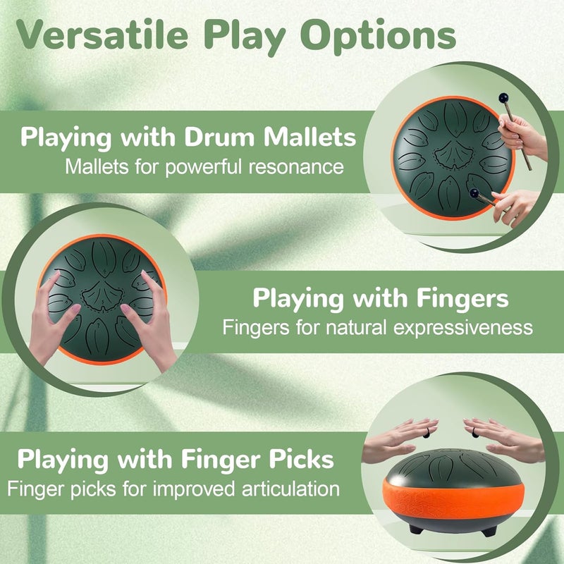 TUOKING Steel Tongue Drum 6 Inch 11 Notes C Key Rain Drum for Adults and Beginners, Handpan Drum Sound Healing Musical Instrument Gift for Meditation, Yoga, Music Lovers(Green) - Image 4